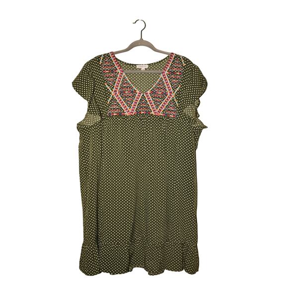 CHIC SOUL NEW $67 Green Polka Dot Ruffle Sleeve Dress Embroidered Boho 1X - Picture 1 of 4